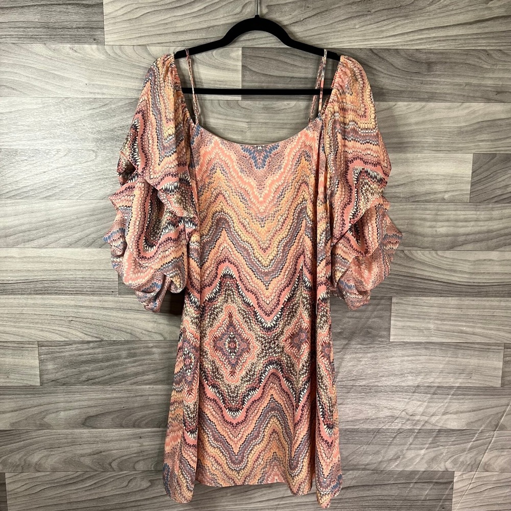 Gianni Bini Shift Dress Womens M Pink Abstract Puff Sleeve Off Shoulder Stretch